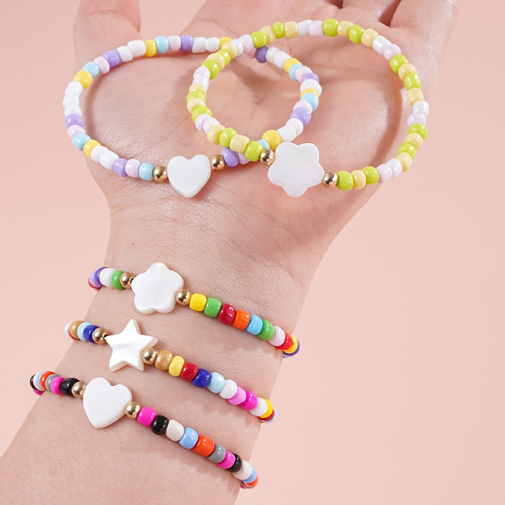 12pcs Kids Stretch Beaded Bracelets Set, Colorful Charm Accessories